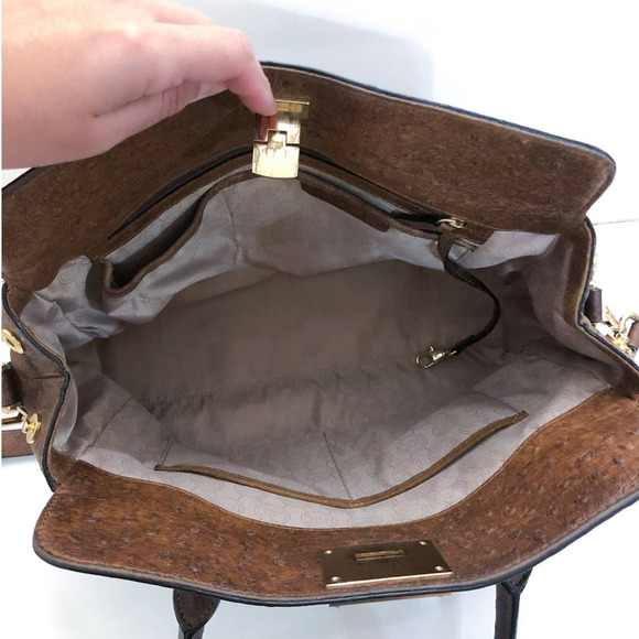 Michael Kors Astrid Mocha Ostrich Embossed Leather Large Satchel Bag - Picture 9 of 12